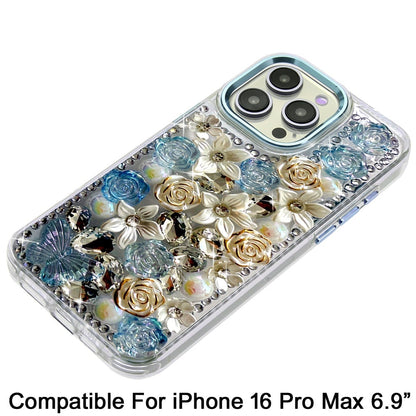 Phone Case for Apple iPhone 16 Pro Max Luxury Rose Bling Rhinestone Glitter Floral Hybrid Shockproof Stylish Protective Designer Ornament Sparkle Cover