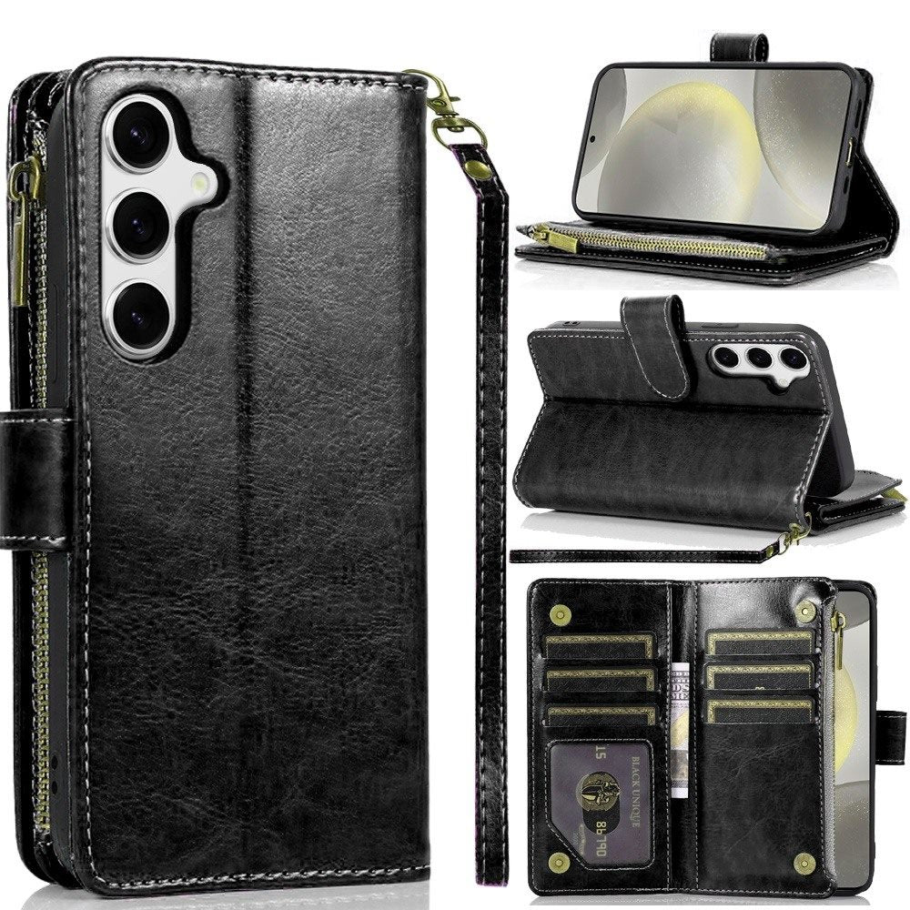 For Samsung Galaxy S25 Ultra Leather Wallet Case with Zipper, 9 Card Slots, Cash Pocket, Stand & Strap, Clutch Pouch Design Case Cover Black