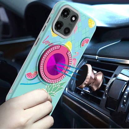 For Samsung Galaxy A16 Pattern Design Hybrid with Invisible Ring Stand & Magnetic Back, Shockproof Protective Grip Case Cover Pineapple Love Vibe