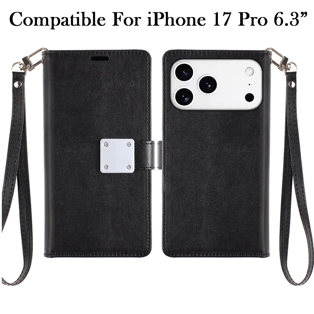 For Apple iPhone 17 Pro (6.3") Wallet Cases PU Leather with Credit Card /ID /Cash Holder Slot Dual Flip Book Pouch, Stand and Strap Case Cover