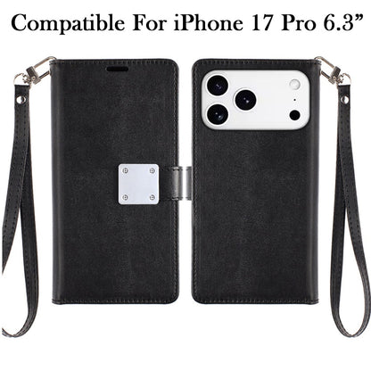 For Apple iPhone 17 Pro (6.3") Wallet Cases PU Leather with Credit Card /ID /Cash Holder Slot Dual Flip Book Pouch, Stand and Strap Case Cover