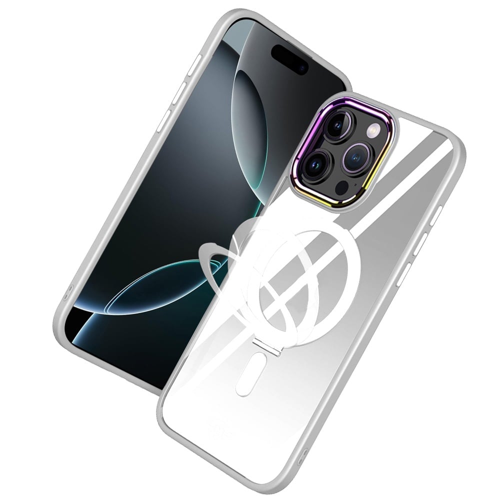 For Apple iPhone 16 Pro Magnetic Ring Stand Hybrid MagSafe Compatible Shockproof Protection Transparent Back Alloy Chrome Grip Case Cover Navy Blue