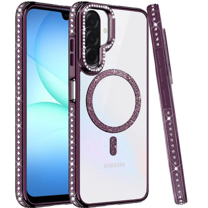 Phone Case for Samsung Galaxy A17 5G Luxury Diamond Bling Edged Magnetic Glitter Shockproof Hybrid with Camera Kickstand Durable Grip Cover