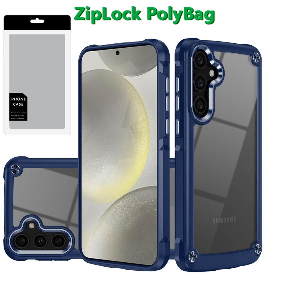 For Samsung Galaxy S25 /S24 Hybrid Transparent Rubber with Metal Buttons & Camera Edges Hard TPU Corner Frame Bumper Case Cover Blue