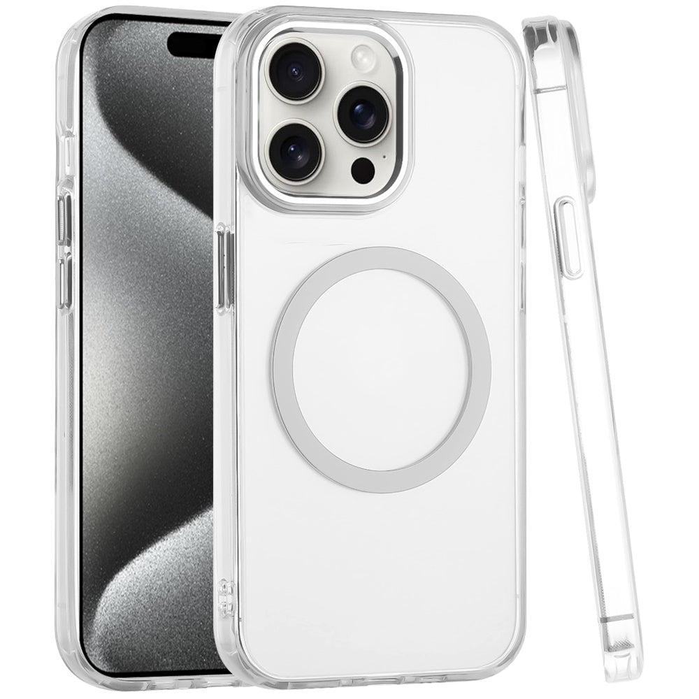 For Apple iPhone 12 Pro Max Transparent Back Hybrid Case - Magnetic Circle, Color Frame, Metal Buttons, MagSafe Compatible Case Cover