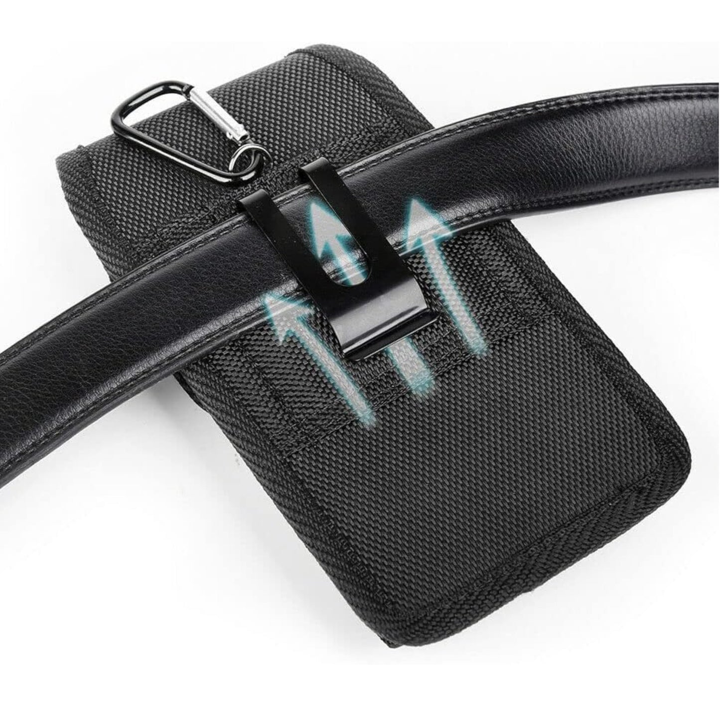 For Apple iPhone 16 (6.1") Vertical Nylon Canvas Holster Universal Cell Phone Pouch Velcro Closure with Credit Card Slot & Belt Clip Loop Carabiner [Black]