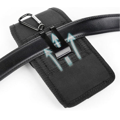 For Apple iPhone 16 Plus (6.7") Vertical Nylon Canvas Holster Universal Cell Phone Pouch Velcro Closure with Credit Card Slot & Belt Clip Loop Carabiner [Black]