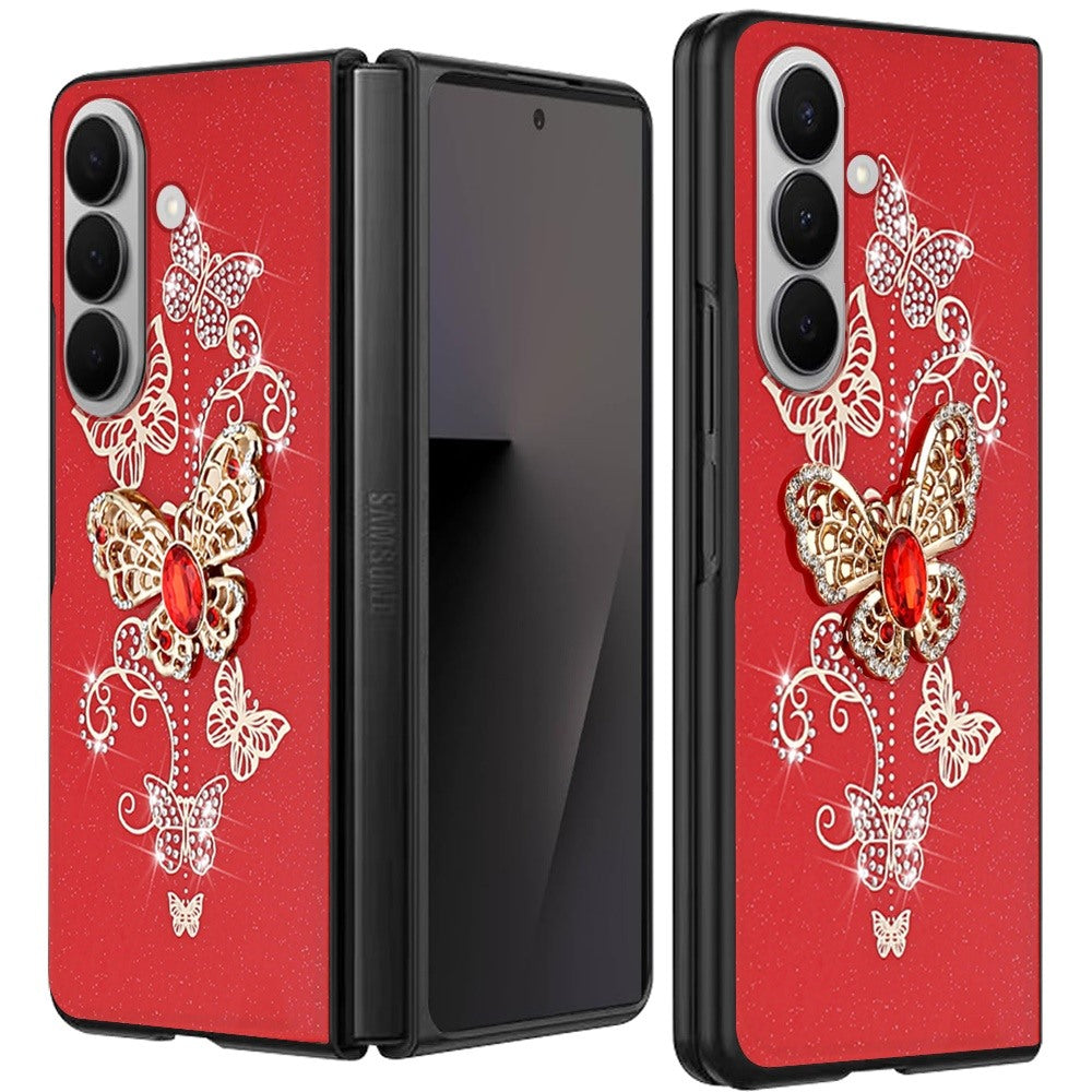 For Samsung Galaxy Z Fold 7 Diamonds 3D Butterfly Bling Sparkly Glitter Ornaments Engraving Hybrid Metal Fashion Case Cover Red Garden Butterflies