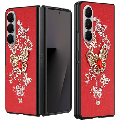 For Samsung Galaxy Z Fold 7 Diamonds 3D Butterfly Bling Sparkly Glitter Ornaments Engraving Hybrid Metal Fashion Case Cover Red Garden Butterflies