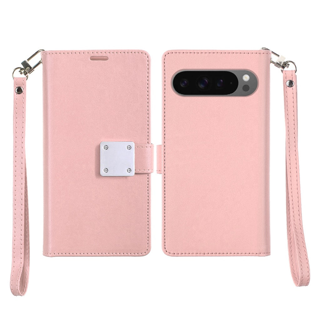 For Google Pixel 10 Pro XL Wallet Case with ID/ Card Holder, Wristlet Strap, Magnetic TPU Protective Shockproof Folio Flip Case Cover Rose Gold
