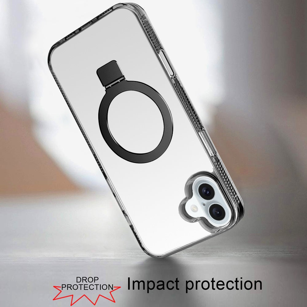 For Apple iPhone 17 (6.3") Transparent Magnetic Ring Circle Stand with MagSafe Compatible Hybrid Dotted Edged Hard PC Shockproof Case Cover Black