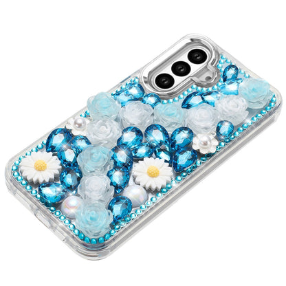 For Samsung Galaxy S23 Fashion Daisy Floral Series, Full 3D Bling Crystal Diamonds Sparkling Rhinestone Glitter Hybrid Design Case Cover Blue