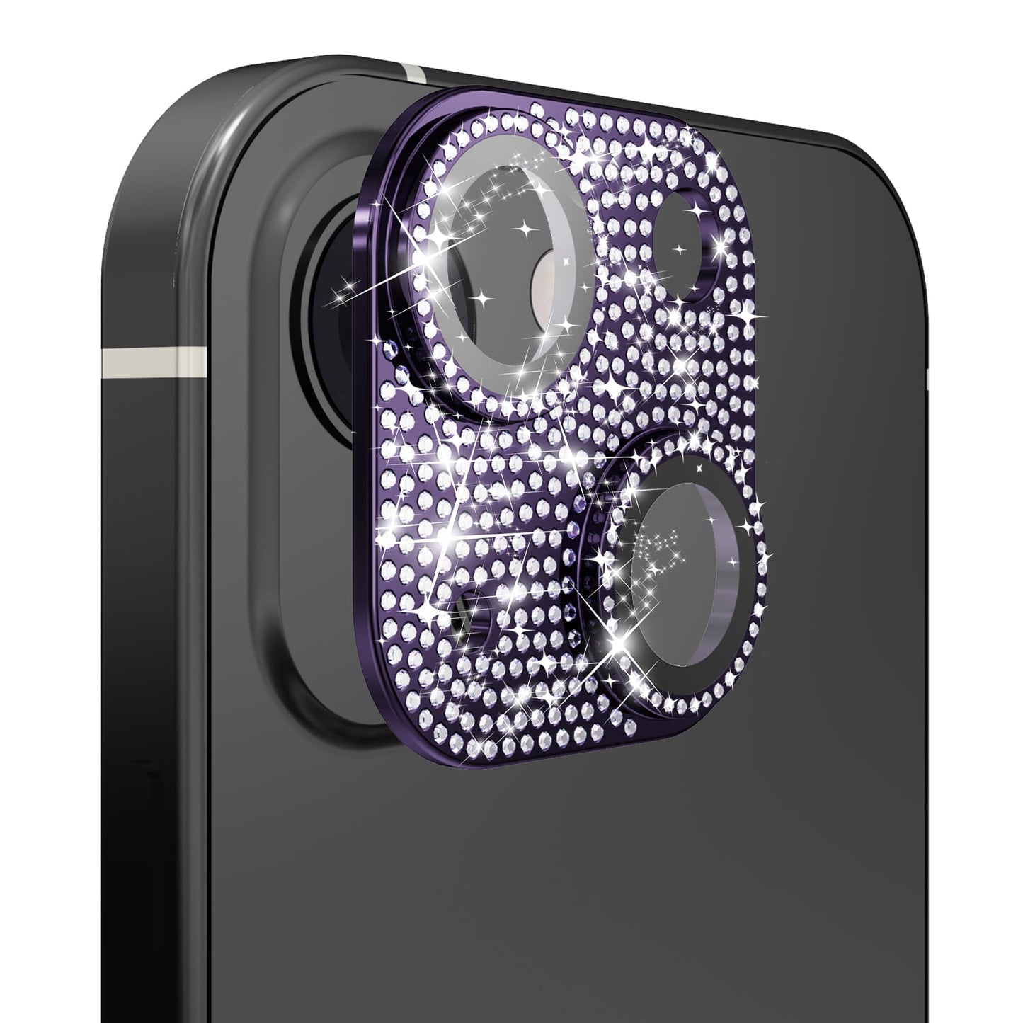 For iPhone 15 Plus (6.7") Diamond Bling Camera Lens Tempered Glass Full Coverage Scratchproof Protection Anti Fingerprint Clear HD Durable Design Case Cover Purple