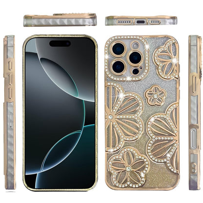 Phone Case for Apple iPhone 16 Pro Max Shimmer Glitter Floral Thick TPU Grip Cover Gold