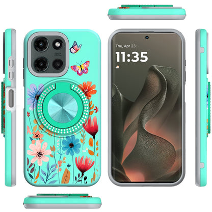 For Motorola Moto G 5G 2025 Pattern Design Hybrid with Invisible Ring Stand & Magnetic Back, Shockproof Protective Grip Case Cover