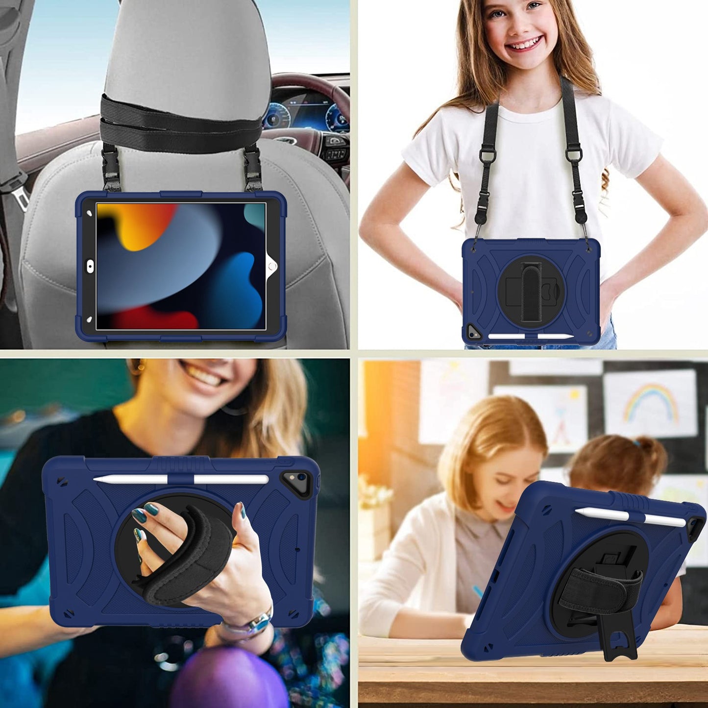 For 3-in-1 Tough Hybrid Shockproof Protector Silicone TPU with Pencil Holder, Kickstand, Hand & Shoulder Strap Blue Tablet Case Cover