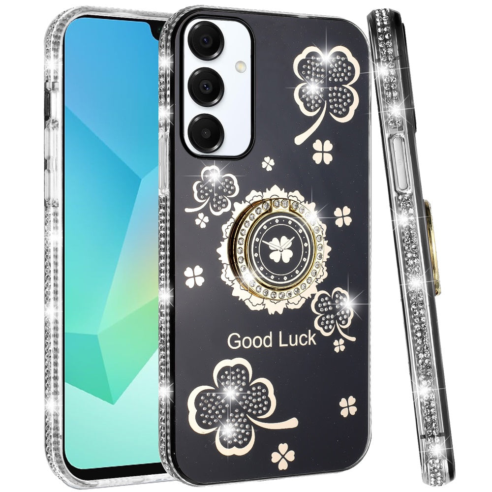 For Samsung Galaxy S25 Fan Edition /Galaxy S25 FE Diamonds Bling All Around Edges Sparkly Glitter Hybrid with Ring Stand Holder Fashion Good Luck Case Cover Black