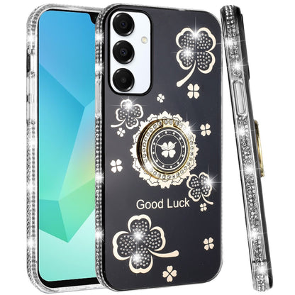 For Samsung Galaxy S25 Fan Edition /Galaxy S25 FE Diamonds Bling All Around Edges Sparkly Glitter Hybrid with Ring Stand Holder Fashion Good Luck Case Cover Black