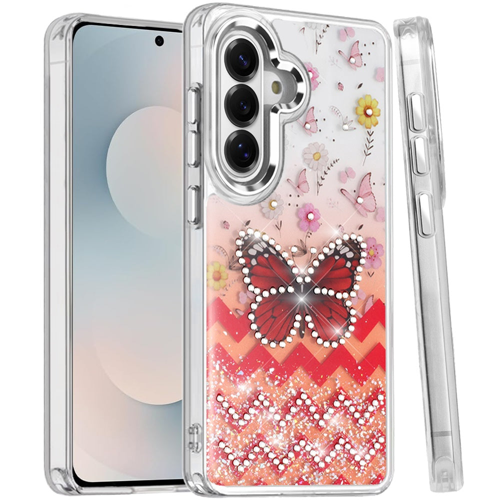 For Samsung Galaxy S25 FE /S25 Fan Edition Butterfly Resin Epoxy Diamond Design Metal Edged Hybrid Shockproof Heavy Duty Drop Protection Case Cover