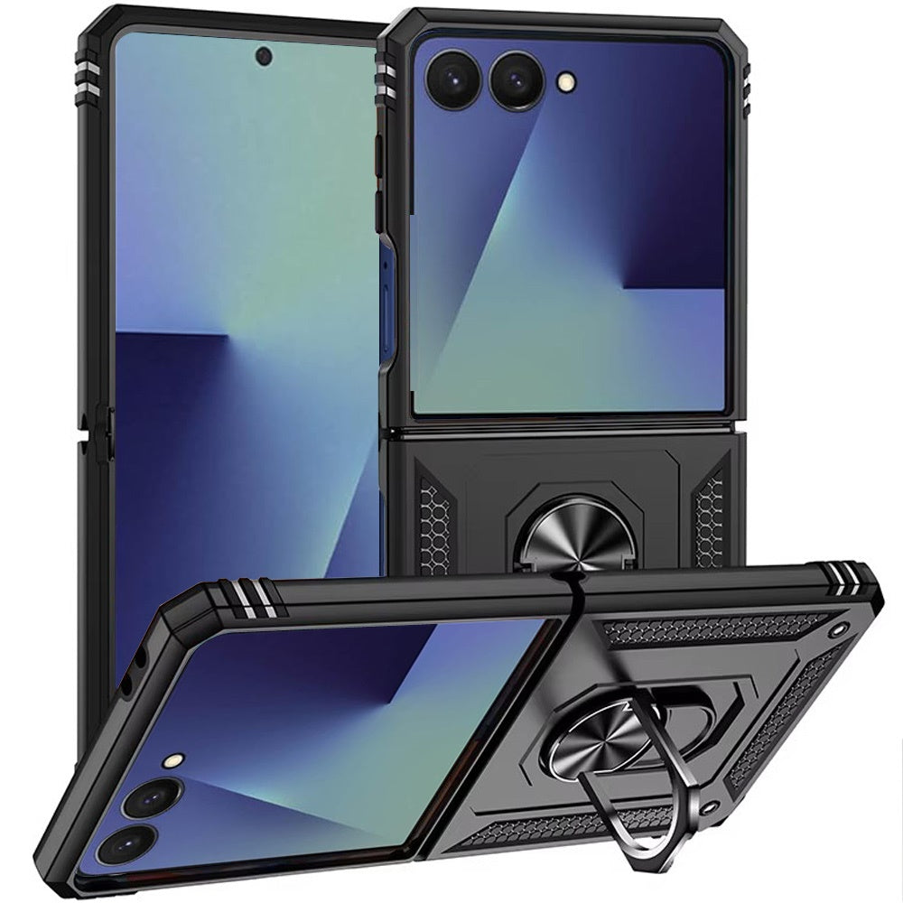 For Samsung Galaxy Z Flip 7 Hybrid Shockproof Protective with Magnetic 360° rotating Ring Kickstand, TPU Rubber PC Case Cover