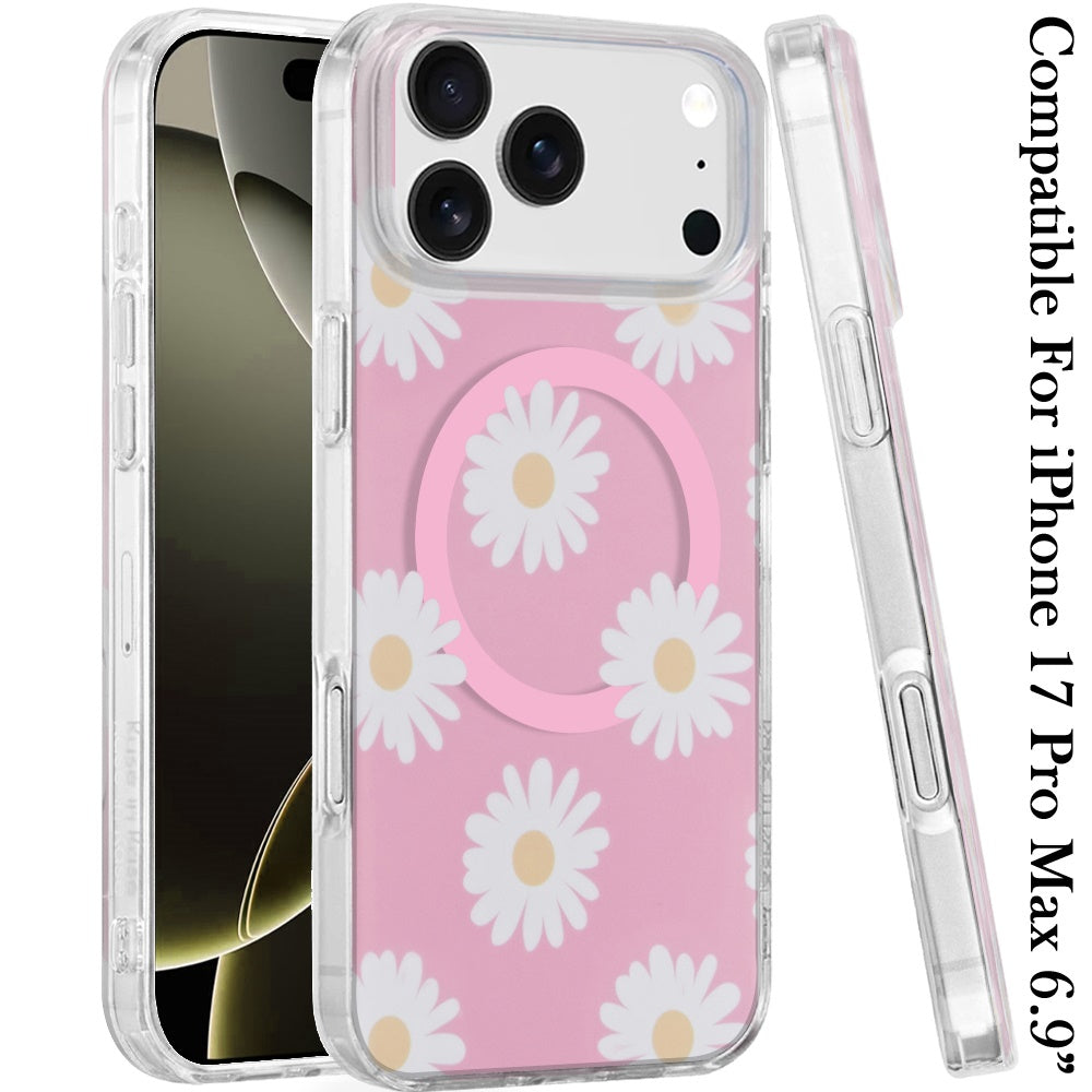 For Apple iPhone 17 Pro Max Stylish Pattern Fashion IMD Printed Design TPU Double Layer Slim Shockproof with Magnetic Back Case Cover Daisy Aster Flower