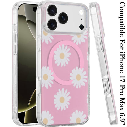 For Apple iPhone 17 Pro Max Stylish Pattern Fashion IMD Printed Design TPU Double Layer Slim Shockproof with Magnetic Back Case Cover Daisy Aster Flower