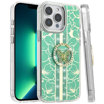 For Apple iPhone 13 Pro Max Diamonds 3D Butterfly Floral Design Bling Sparkly Glitter Hybrid Metal Fashion with Ring Stand Case Cover
