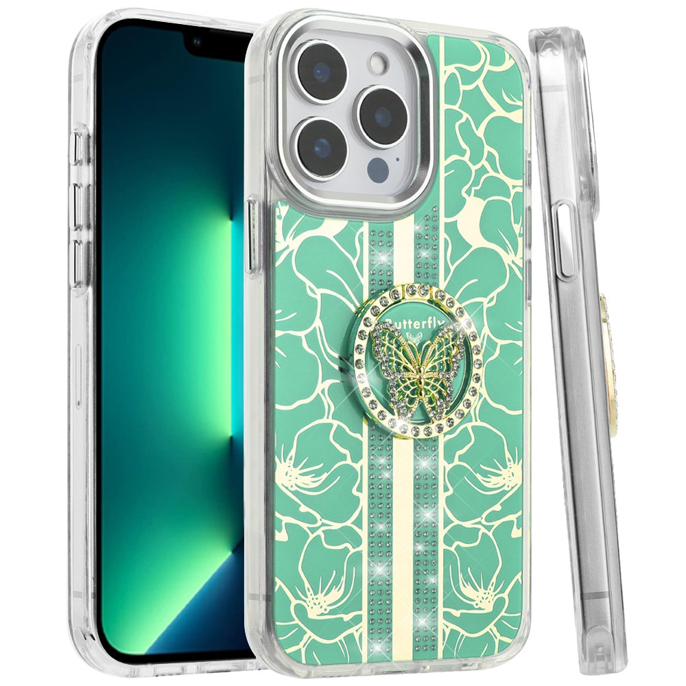 For Apple iPhone 16 Pro Max (6.9") Diamonds 3D Butterfly Floral Design Bling Sparkly Glitter Hybrid Metal Fashion with Ring Stand Case Cover