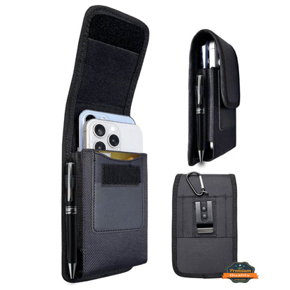 For Apple iPhone 16 Plus (6.7") Universal Dual Phone Holster Vertical Pouch for 2 Phones, Double Decker Belt Clip Case with Credit Card Slots Wallet Cover [Black]