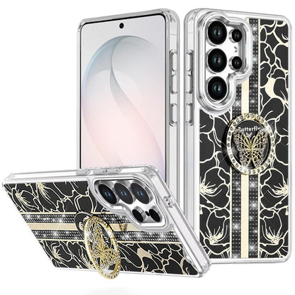 For Samsung Galaxy S25 Ultra Diamonds 3D Butterfly Floral Design Bling Sparkly Glitter Hybrid Metal Fashion with Ring Stand Case Cover Cosmic Orange
