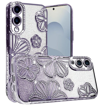 For Samsung Galaxy S25 Edge Luxury Flower Design Sparkle Glitter Diamond Rhinestone Shimmer Bling Plating Thick TPU Hard PC Case Cover