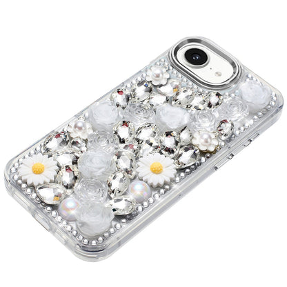 For Apple iPhone 17E /16E Fashion Daisy Floral Series, Full 3D Bling Crystal Diamonds Sparkling Rhinestone Glitter Hybrid Design Case Cover