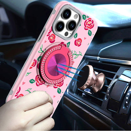 For Apple iPhone 16e Pattern Design Hybrid with Invisible Ring Stand & Magnetic Back, Shockproof Protective Grip Case Cover Red Roses