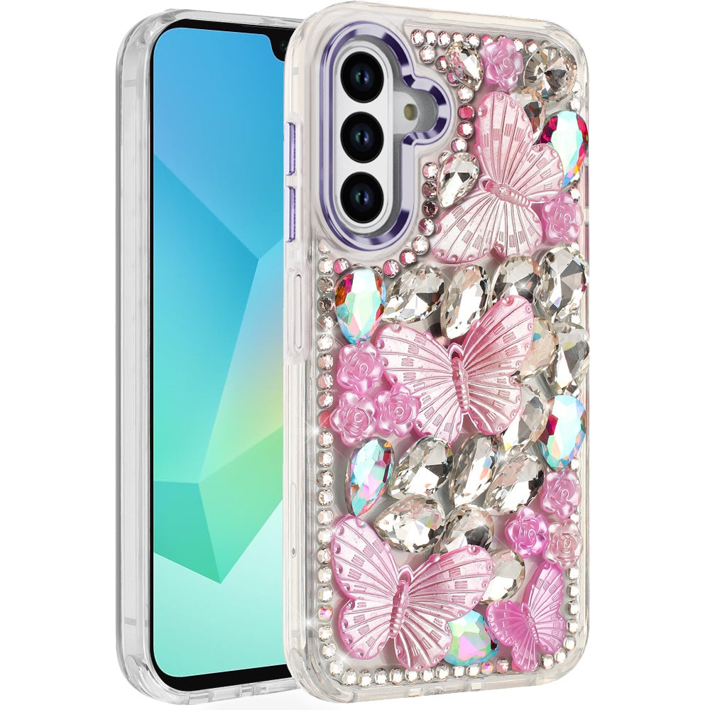 For Samsung Galaxy S25 /S24 3D Diamond Floral Butterfly Bling Stone Hybrid, Sparkly Rhinestone Gemstone Back Shockproof Case Cover