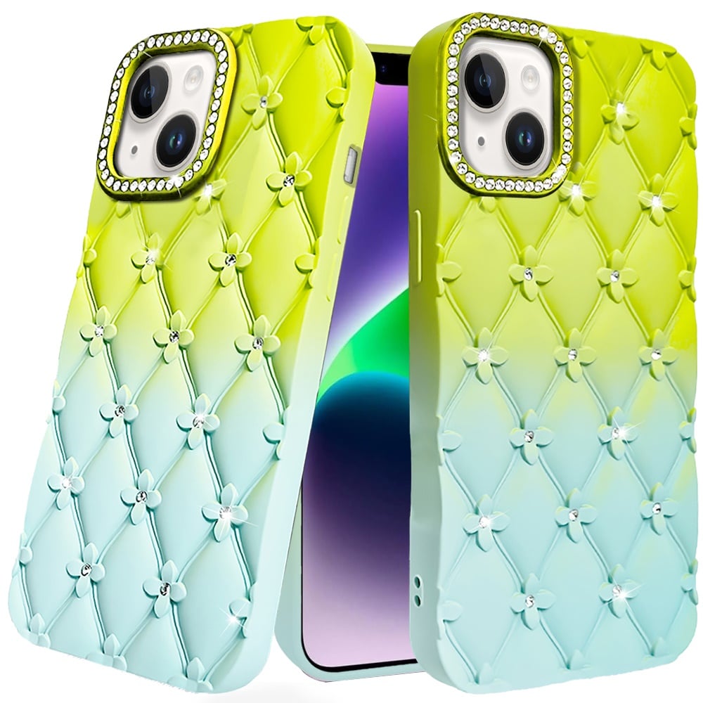 For iPhone 14/13 (6.1") Fashion Flower Design Sparkle Glitter Shimmer Rhinestone Bling Floral Accents, Leather Texture TPU Case Cover Light Green/Teal