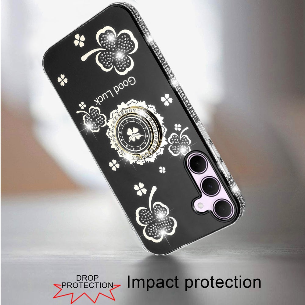For Apple iPhone 17E /16E Diamonds Bling All Around Edges Sparkly Glitter Hybrid with Ring Stand Holder Fashion Good Luck Case Cover