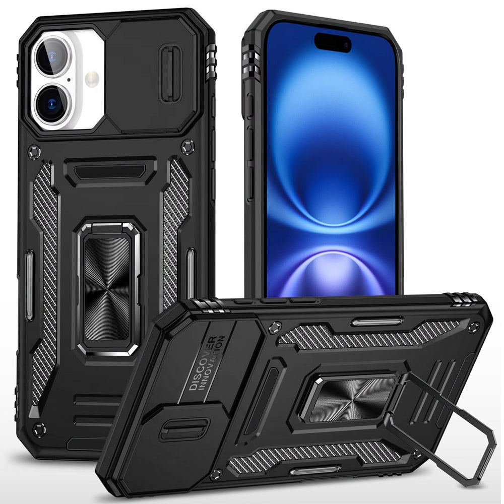For Apple iPhone 17 (6.3") Tough Hybrid Case with Movable Camera Window & Metal Ring Stand Shockproof Case Cover