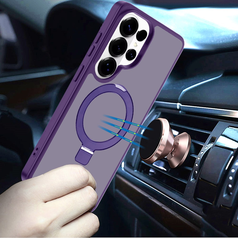 For Samsung Galaxy S25 Ultra Magnetic Circle Back with Ring Stand Full Rotation Matte Hybrid Shockproof Case Cover Dark Purple
