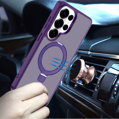 For Samsung Galaxy S25 Ultra Magnetic Circle Back with Ring Stand Full Rotation Matte Hybrid Shockproof Case Cover Dark Purple