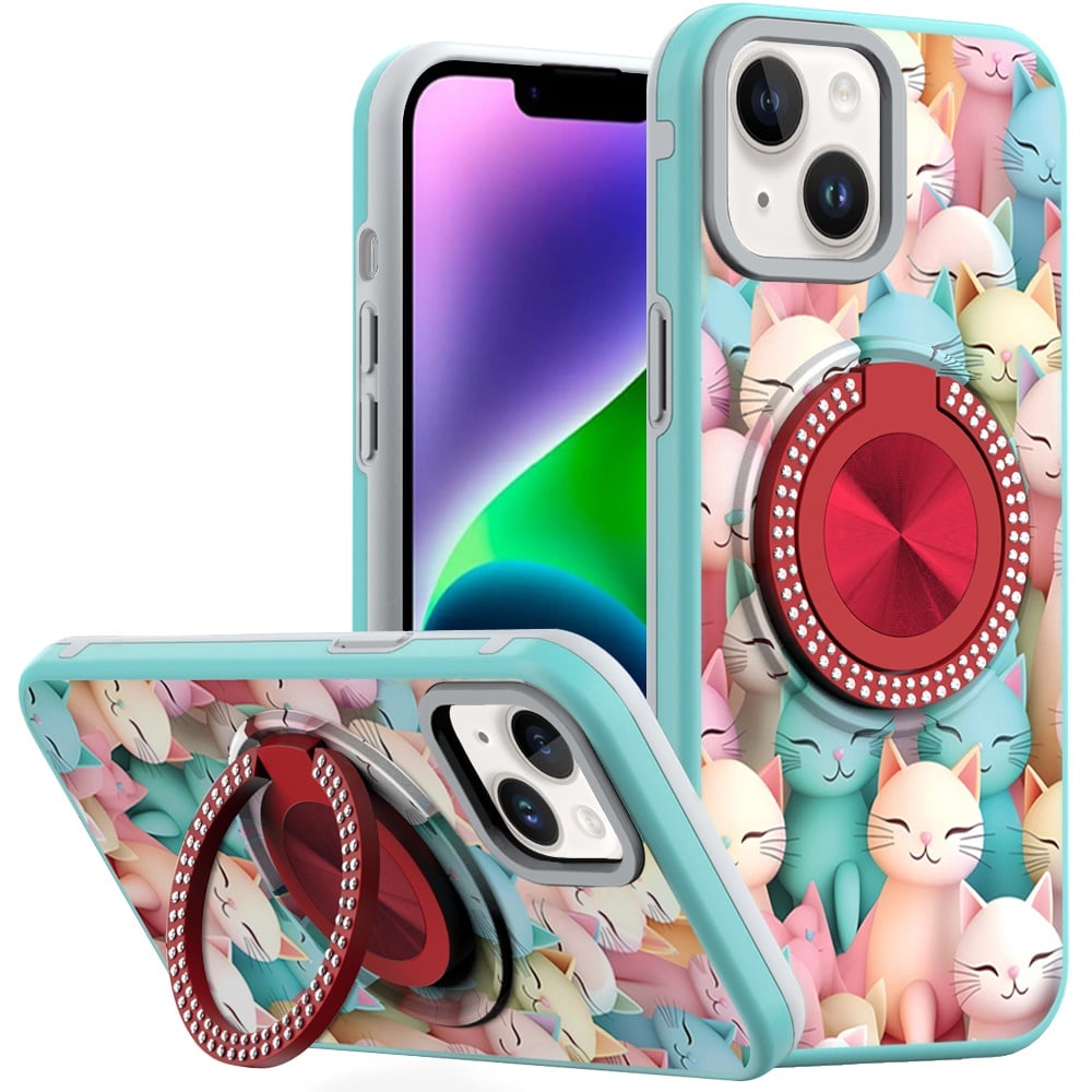 For iPhone 14/13 (6.1") Pattern Design Hybrid with Invisible Ring Stand & Magnetic Back, Shockproof Protective Grip Case Cover