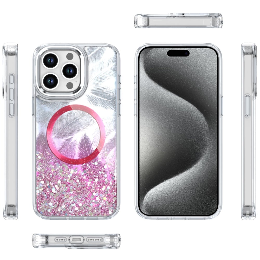 For Apple iPhone 16 Pro Epoxy Glitter Shimmer Fashion Case with Magnetic Magsafe Compatible Hybrid Sparkling Slim Protective Case Cover Hot Pink