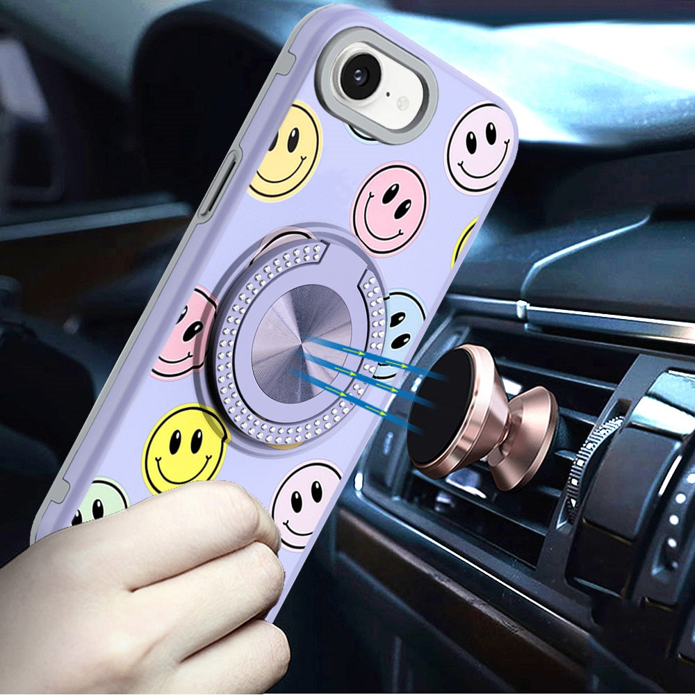 For Apple iPhone 16e Pattern Design Hybrid with Invisible Ring Stand & Magnetic Back, Shockproof Protective Grip Case Cover Emoji Smile Face