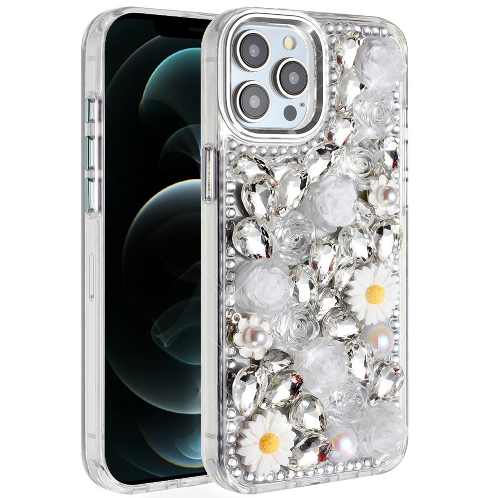 For Samsung Galaxy A17 5G Fashion Daisy Floral Series, Full 3D Bling Crystal Diamonds Sparkling Rhinestone Glitter Hybrid Design Case Cover