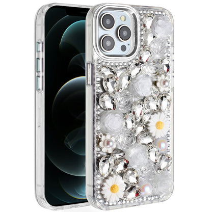 For Samsung Galaxy A37 Fashion Daisy Floral Series, Full 3D Bling Crystal Diamonds Sparkling Rhinestone Glitter Hybrid Design Case Cover