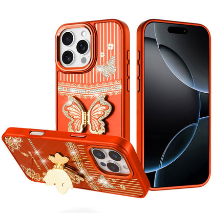 For iPhone 15 Plus (6.7") Glitter 3D Butterfly Design Bling Metallic Edge Hybrid Stand Drop Protection TPU Shockproof Case Cover Cosmic Orange