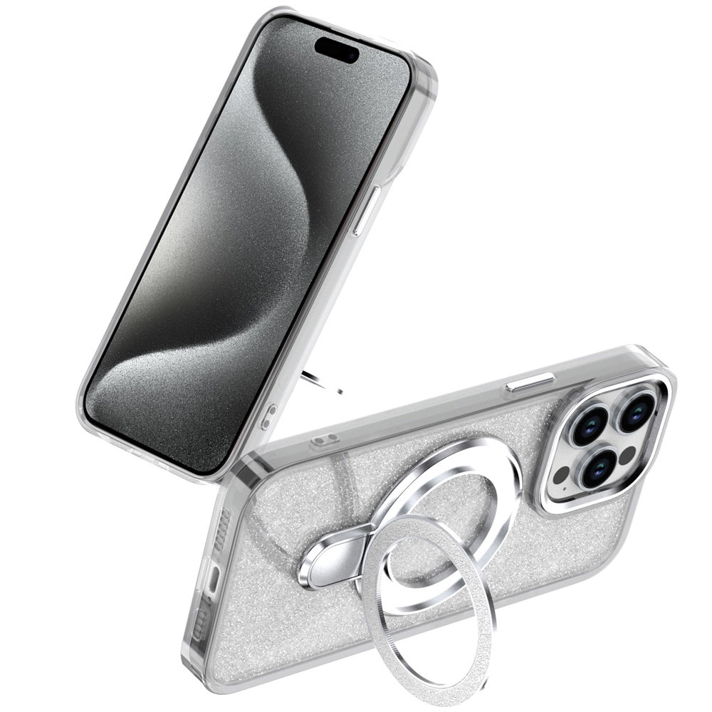 For Apple iPhone 16 Pro Max Transparent Glitter Bling Case with Rotating Magnetic Ring Stand, Shockproof Hybrid Case Cover Clear