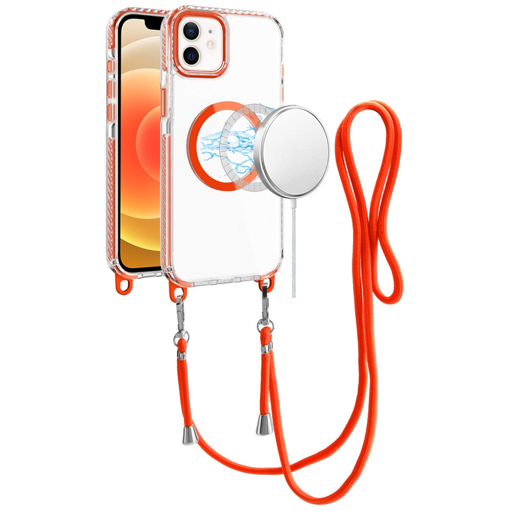 Phone Case for Apple iPhone 12 /12 Pro Transparent Magnetic Lanyard Shockproof Hybrid Clear Grip Durable Camera Protection TPU Anti-Slip Design Cover Cosmic Orange