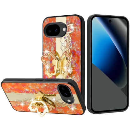Phone Case for Google Pixel 10A Diamond 3D Fashion Floral Glitter Engraved Luxury Bling Hybrid Shockproof Chrome Edge Protective Grip Cover Enchanted Butterfly Cosmic Orange