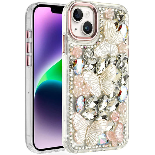 For Apple iPhone 15 3D Diamond Floral Butterfly Bling Stone Hybrid, Sparkly Rhinestone Gemstone Back Shockproof Case Cover