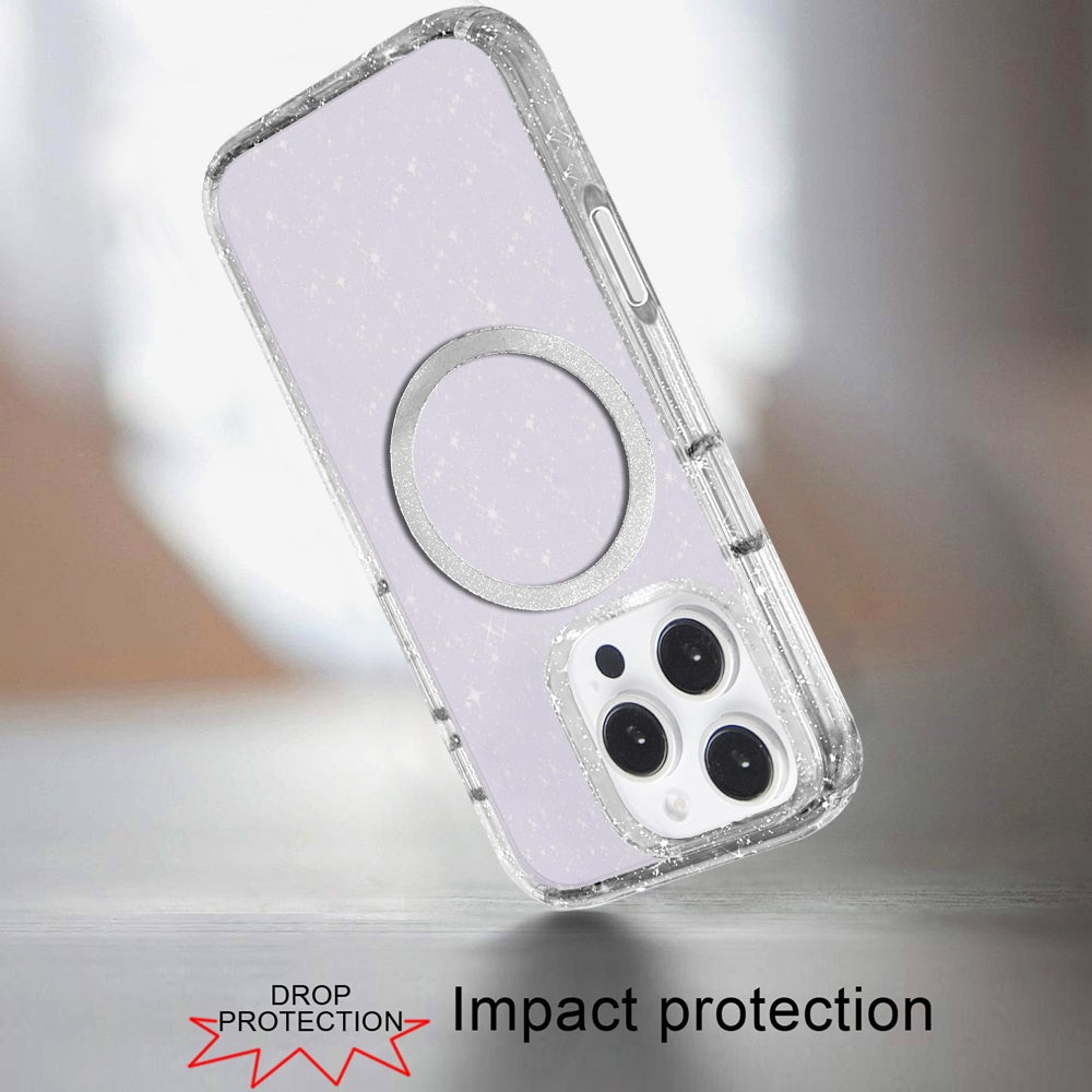 For Apple iPhone 16 Pro (6.3") Transparent Glitter Bling Sparkly Shiny Case Hybrid Magnetic Circle Compatible with MagSafe Shockproof Case Cover